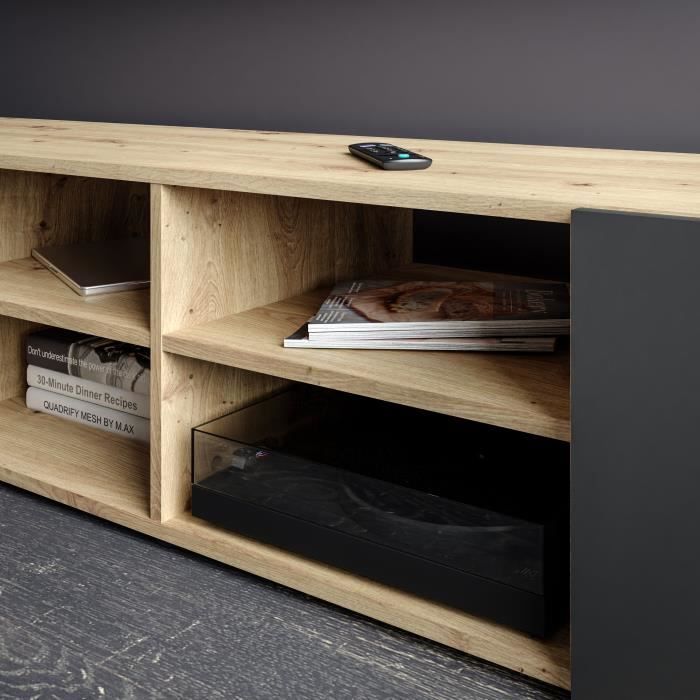 Meuble TV PILVI - Style contemporain- DÈcor Chene et noir - 2 Portes + 4 niches - L 180 x P 42 x H 37 cm