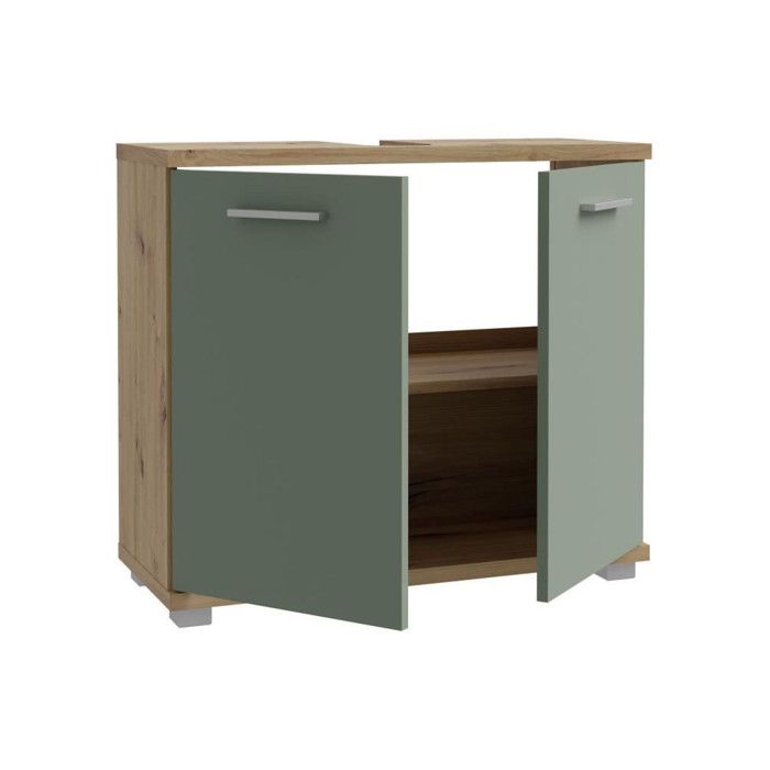 Meuble sous-lavabo - 2 portes - Décor chene & vert sauge - L69,9 x P28,9 x H62 cm - CHAMP