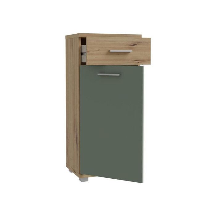 Meuble bas de salle de bain - Décor chene et vert sauge - L40,2 x P28,9 x H87,6 cm - CHAMP