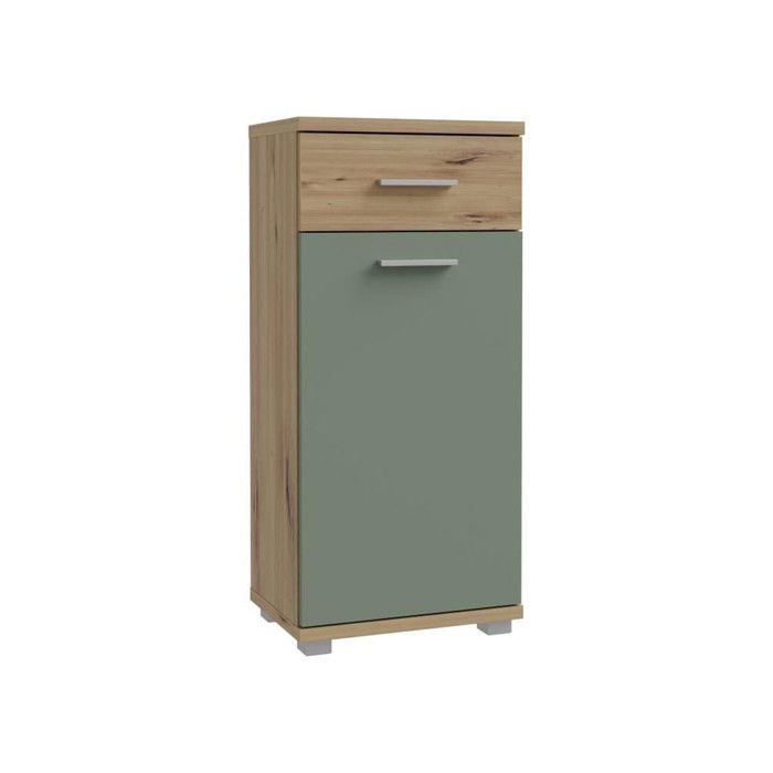 Meuble bas de salle de bain - Décor chene et vert sauge - L40,2 x P28,9 x H87,6 cm - CHAMP