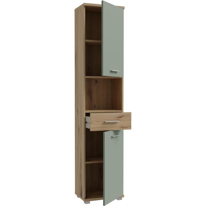 Meuble de salle de bain - Colonne - Décor Chene et Vert sauge - 2 portes - L40,2 x P28,9 x H183,6 cm