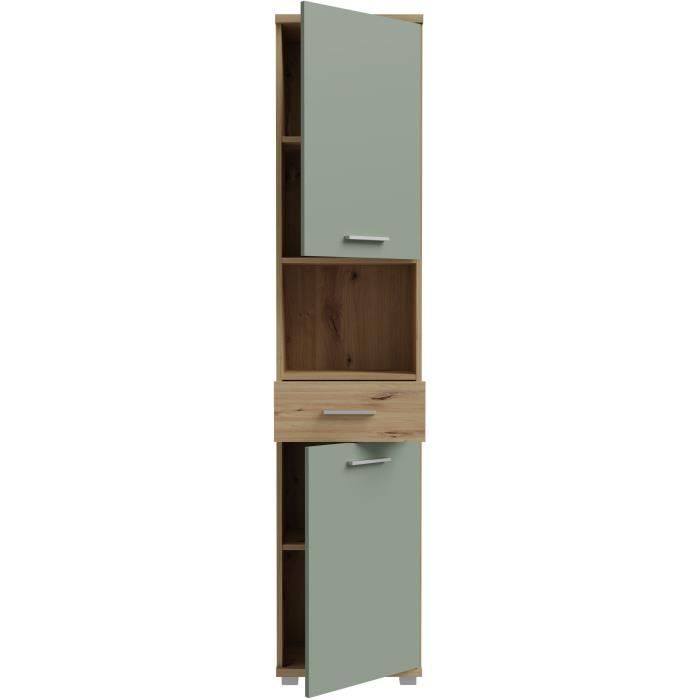 Meuble de salle de bain - Colonne - Décor Chene et Vert sauge - 2 portes - L40,2 x P28,9 x H183,6 cm