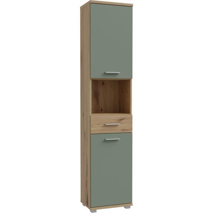 Meuble de salle de bain - Colonne - Décor Chene et Vert sauge - 2 portes - L40,2 x P28,9 x H183,6 cm