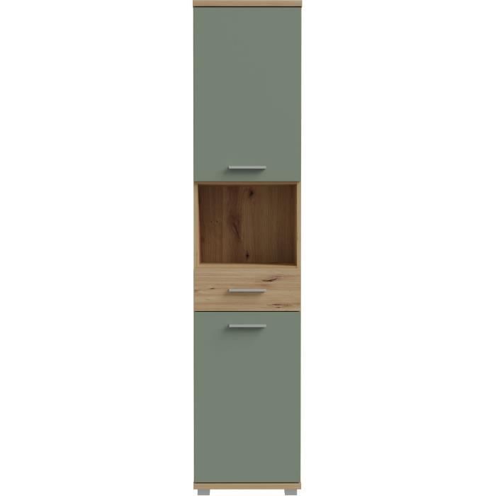 Meuble de salle de bain - Colonne - Décor Chene et Vert sauge - 2 portes - L40,2 x P28,9 x H183,6 cm
