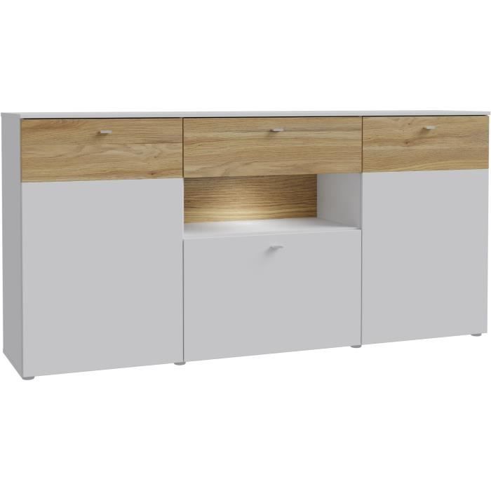 Buffet 3 portes1 tiroir LED - COMO- 194,8 x 41,3 x 94,5 cm - Gris / Chene
