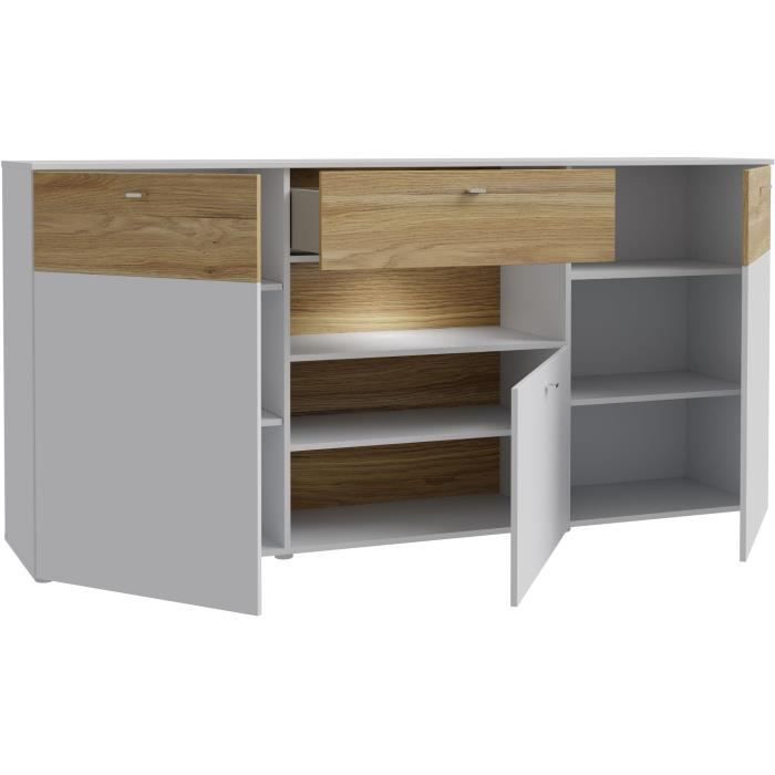 Buffet 3 portes1 tiroir LED - COMO- 194,8 x 41,3 x 94,5 cm - Gris / Chene