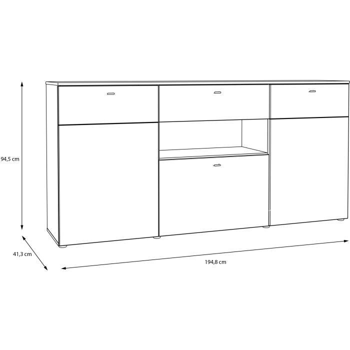 Buffet 3 portes1 tiroir LED - COMO- 194,8 x 41,3 x 94,5 cm - Gris / Chene