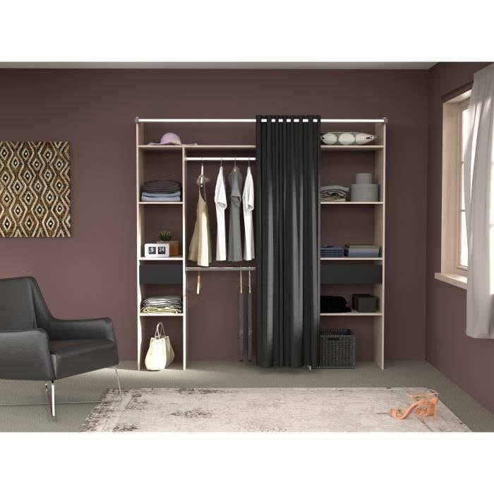 Dressing double ARTIC - L198 x P48 x H203 cm - Décor chene + rideau noir - Made in France