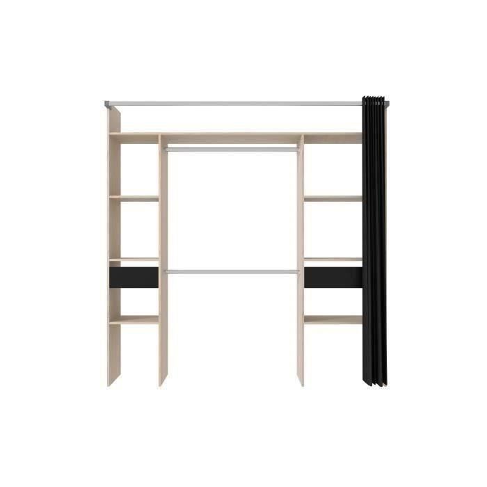 Dressing double ARTIC - L198 x P48 x H203 cm - Décor chene + rideau noir - Made in France