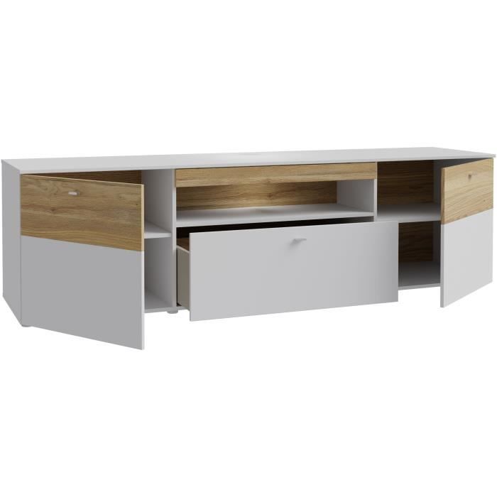 Meuble TV LED - COMO - 2 portes - Gris / Chene - 209,8 x 52 x 59,3 cm