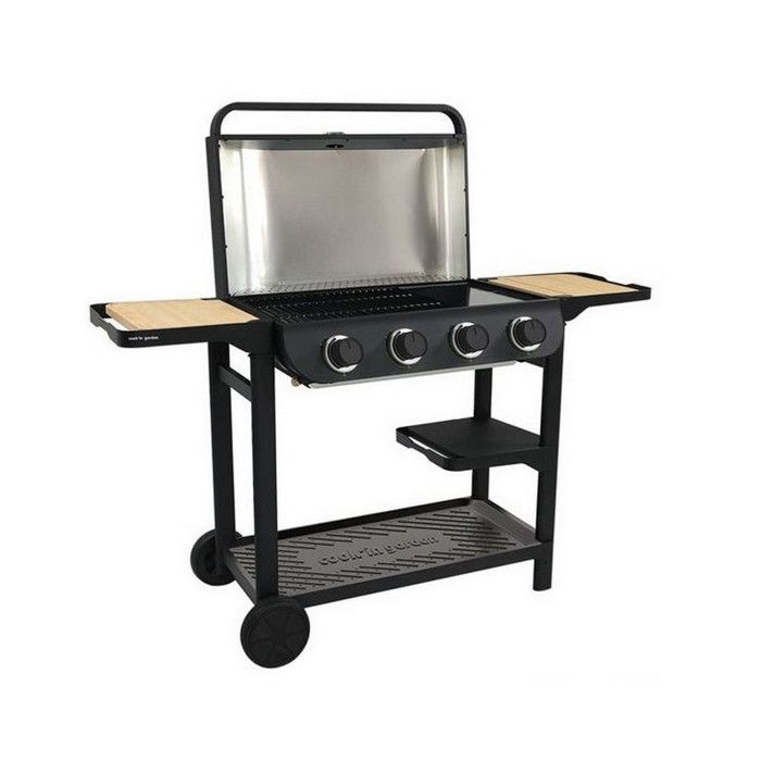 COOK'IN GARDEN Barbecue gaz FLAVO 76SC sur chariot - 4 feux - 10 kW - L 158×l 59×H 105 cm - Surface cuisson : L 76×l 40 cm - Noir