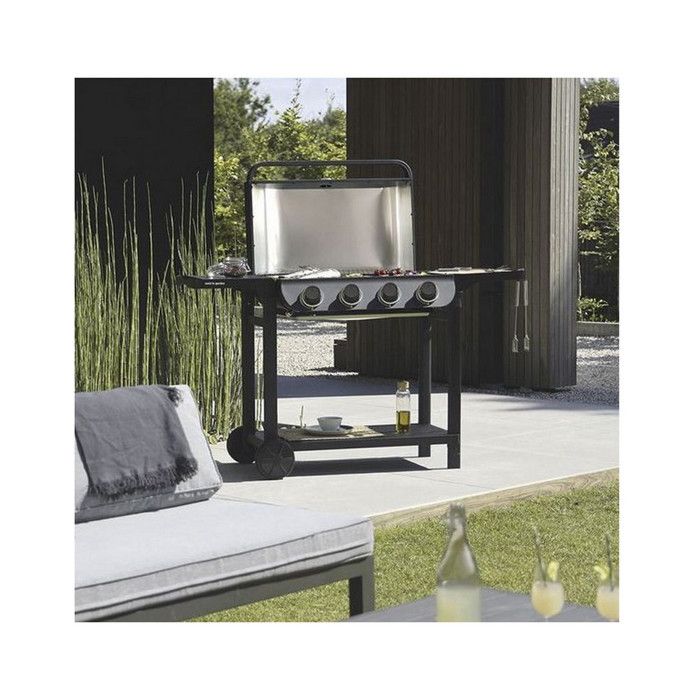 COOK'IN GARDEN Barbecue gaz FLAVO 76SC sur chariot - 4 feux - 10 kW - L 158×l 59×H 105 cm - Surface cuisson : L 76×l 40 cm - Noir