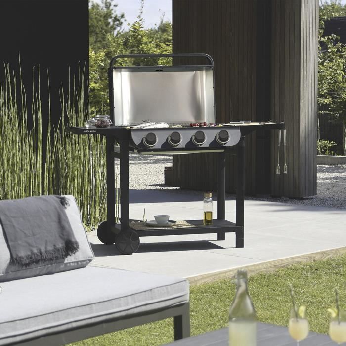 COOK'IN GARDEN Barbecue gaz FLAVO 76SC sur chariot - 4 feux - 10 kW - L 158×l 59×H 105 cm - Surface cuisson : L 76×l 40 cm - Noir