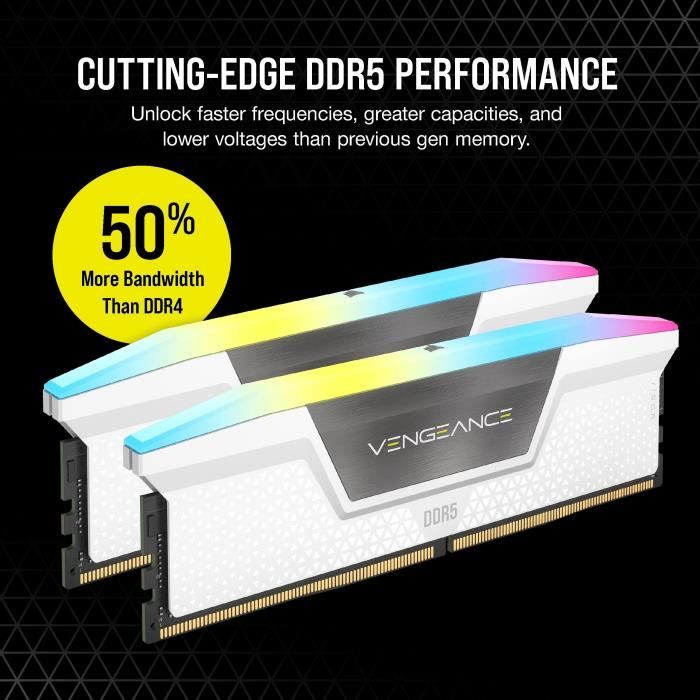 Mémoire RAM - CORSAIR - CMH32GX5M2B6000C40W - 32 Go 2x 16 Go - VENGEANCE RGB DDR5 White Heatspreader 6000MT/s - DIMM - CL 40