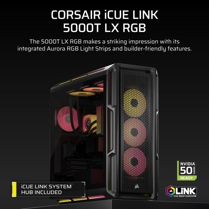 Boîtier PC - CORSAIR - Série iCUE LINK 5000T LX RGB - Moyen tour - Noir