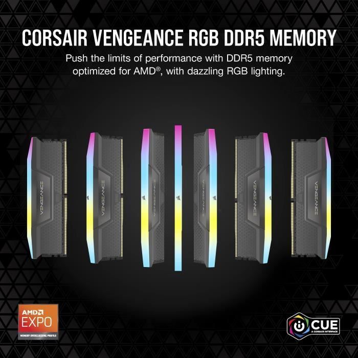 MÈmoire RAM - CORSAIR - Vengeance RGB DDR5 RAM 32Go (2x16Go) 5600MHz CL40 AMD Expo Compatible iCUE - Gris