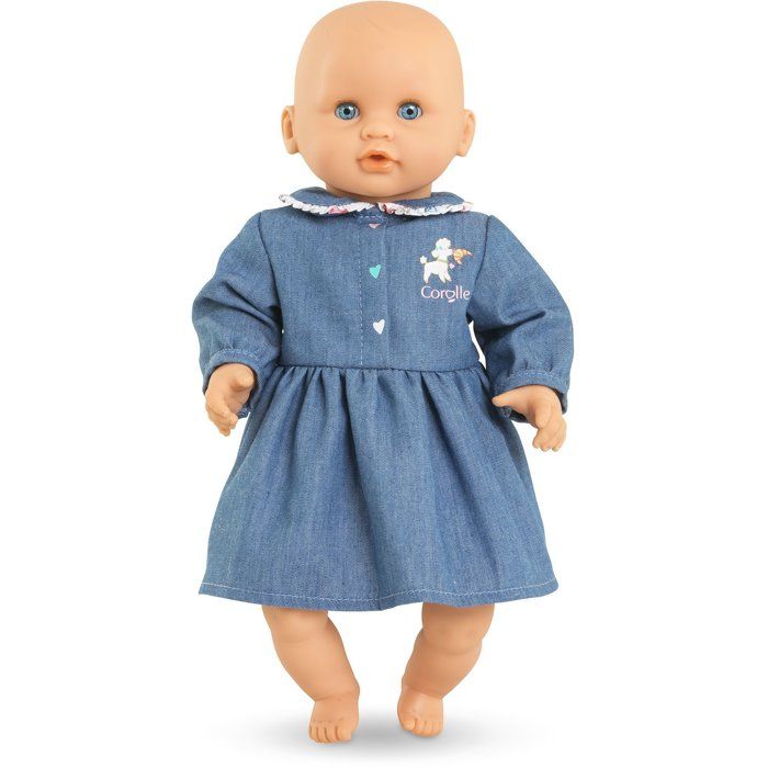 Robe Week-end a Paris - Corolle - 30 cm - Imitation denim - Col claudine - Broderies coeurs