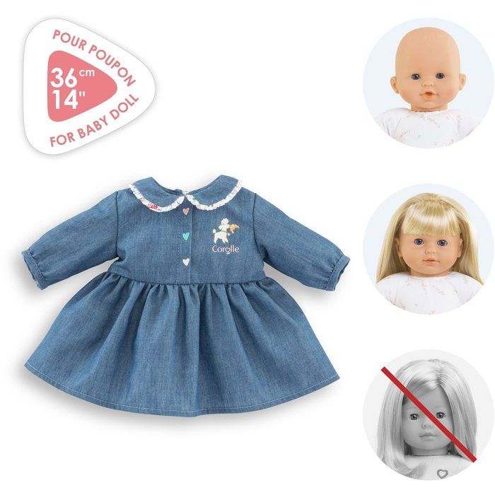 Robe Week-end a Paris - Corolle - 36 cm - Imitation denim - Col claudine - Sérigraphie petit chien