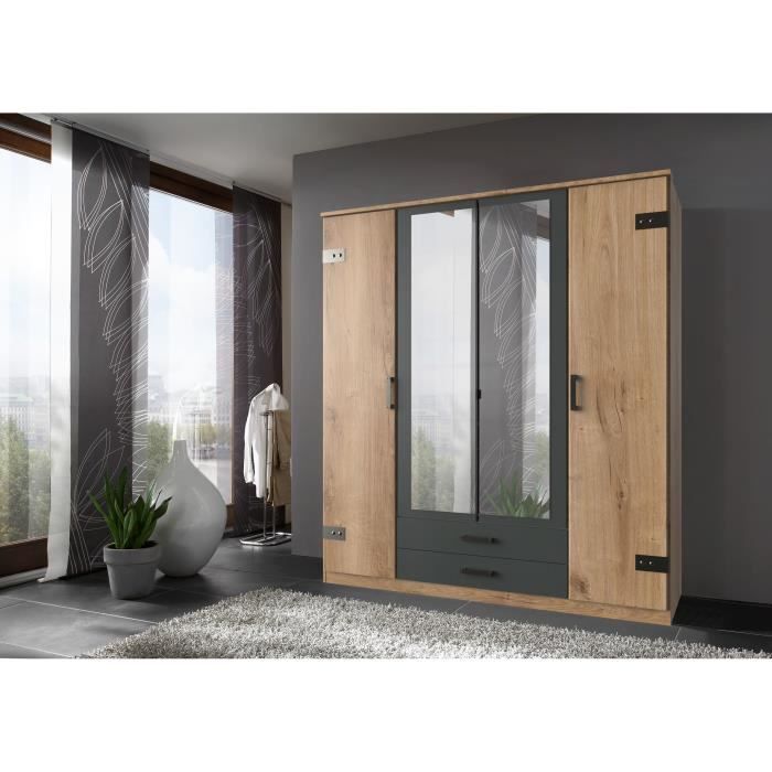 Armoire CORFOU - Décor Chene et gris anthracite + Miroirs - 4 portes battantes - 2 tiroirs - L180 x P58 x H199 cm