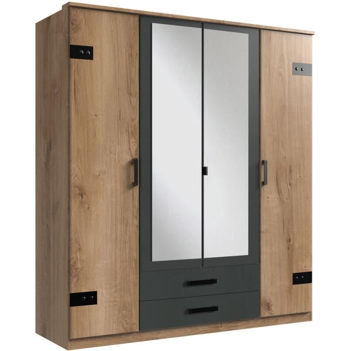 Armoire CORFOU - Décor Chene et gris anthracite + Miroirs - 4 portes battantes - 2 tiroirs - L180 x P58 x H199 cm