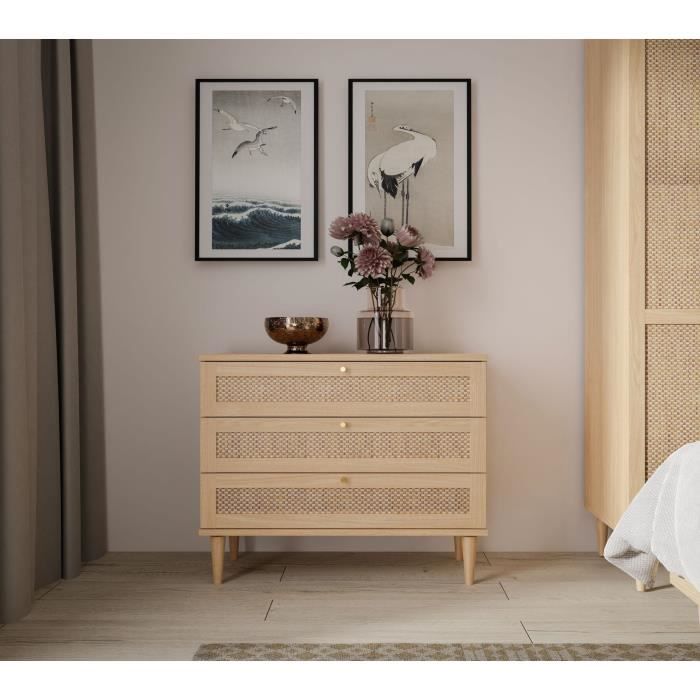 Commode - 3 tiroirs - Décor Chene- Cannage - L90,4 x P41,4 x H80 cm - CALASETTA