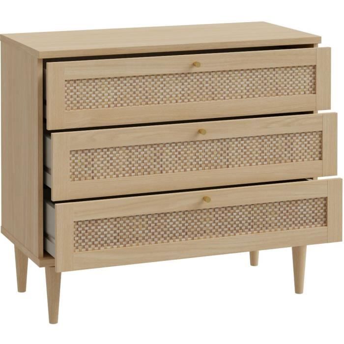 Commode - 3 tiroirs - Décor Chene- Cannage - L90,4 x P41,4 x H80 cm - CALASETTA