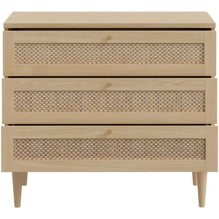 Commode - 3 tiroirs - Décor Chene- Cannage - L90,4 x P41,4 x H80 cm - CALASETTA