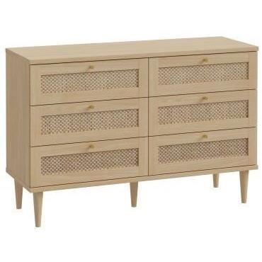 Commode - 6 tiroirs - Décor Chene - Cannage - L120 x P41,4 x H80 cm - CALASETTA