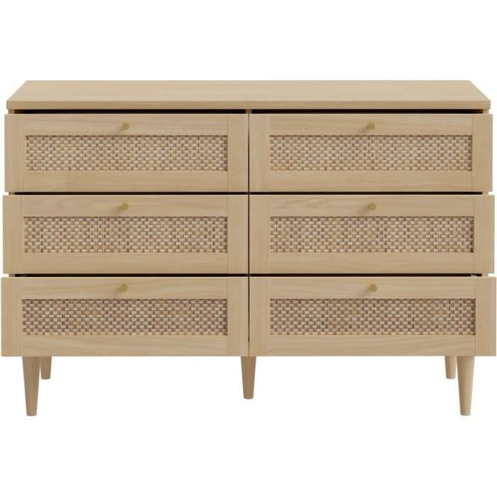 Commode - 6 tiroirs - Décor Chene - Cannage - L120 x P41,4 x H80 cm - CALASETTA