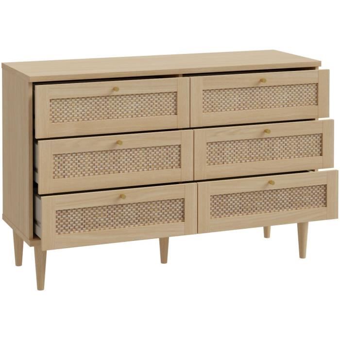 Commode - 6 tiroirs - Décor Chene - Cannage - L120 x P41,4 x H80 cm - CALASETTA