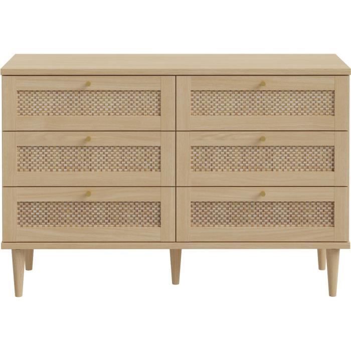 Commode - 6 tiroirs - Décor Chene - Cannage - L120 x P41,4 x H80 cm - CALASETTA