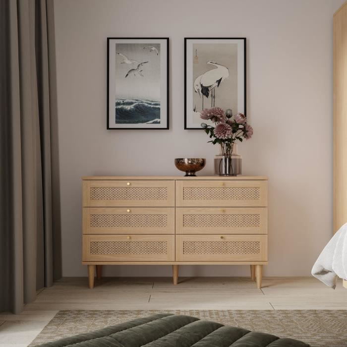 Commode - 6 tiroirs - Décor Chene - Cannage - L120 x P41,4 x H80 cm - CALASETTA