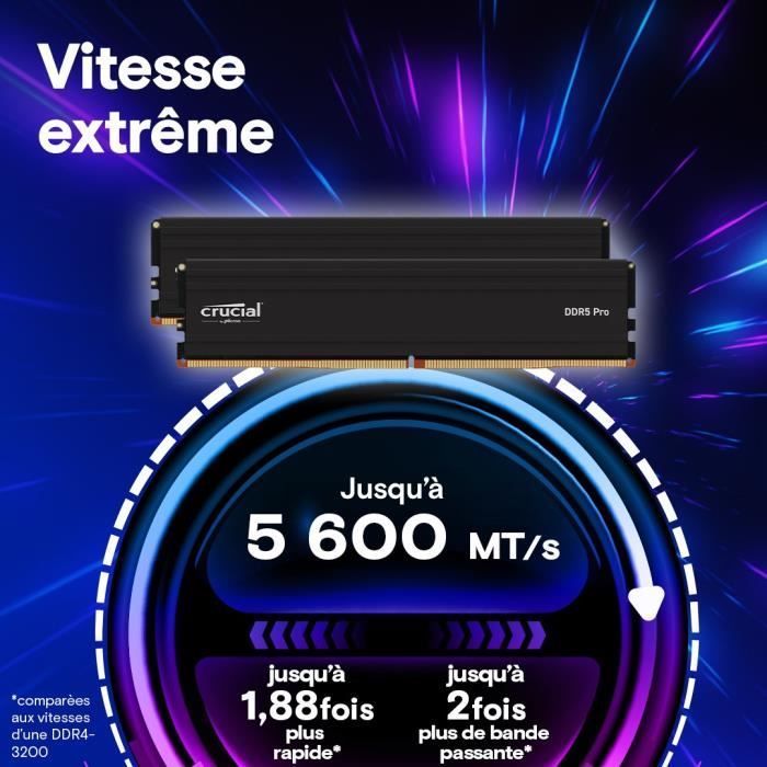 Mémoire RAM - CRUCIAL - DDR5 PRO - Kit 48 Go (2 x 24 Go) - 5600 MT/s - UDIMM - CL46 - CP2K24G56C46U5