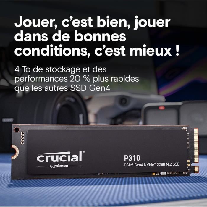 CRUCIAL - P310 - SSD interne - 4 To - PCIe Gen4 NVMe M.2 - Vitesse lecture Jusqu'a 7100 Mo/s - CT4000P310SSD8