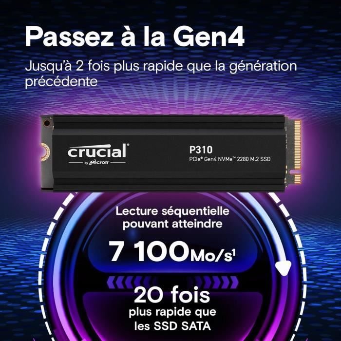 CRUCIAL - P310 - SSD interne - 4 To - PCIe Gen4 NVMe M.2 - Avec dissipateur - Vitesse lecture Jusqu'a 7100 Mo/s - CT4000P310SSD5