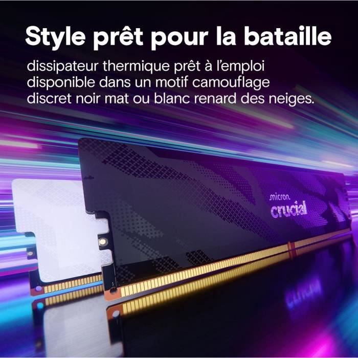 Mémoire gamer - CRUCIAL Pro OC - CP16G64C32U5B - 16 Go DDR5-6400 UDIMM - CL32 avec dissipateur thermique - Noir