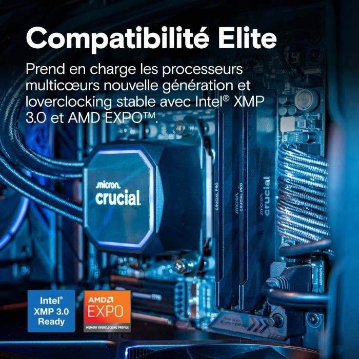 Mémoire gamer - CRUCIAL Pro OC - CP16G64C32U5B - 16 Go DDR5-6400 UDIMM - CL32 avec dissipateur thermique - Noir