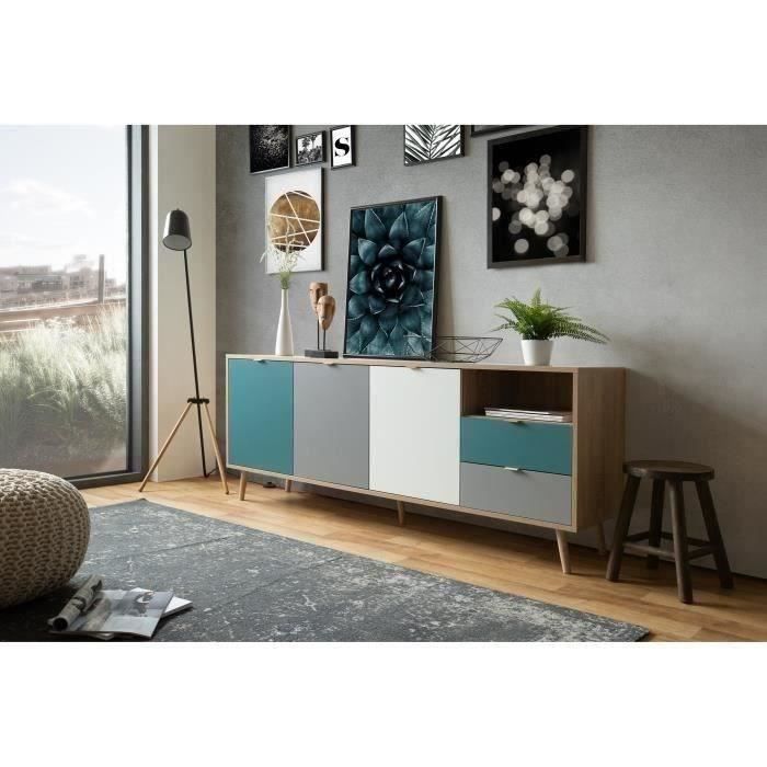 Buffet bas - DÈcor chene sonoma et blanc - Style scandinave - 3 portes - CUBA - L 180 cm