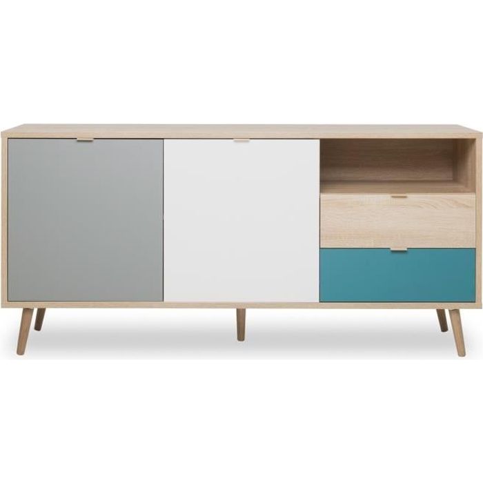 Buffet bas - Chene, gris et bleu pÈtrole - Scandinave - CUBA - L 150 x P 40 x H 71 cm