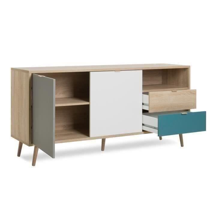 Buffet bas - Chene, gris et bleu pÈtrole - Scandinave - CUBA - L 150 x P 40 x H 71 cm