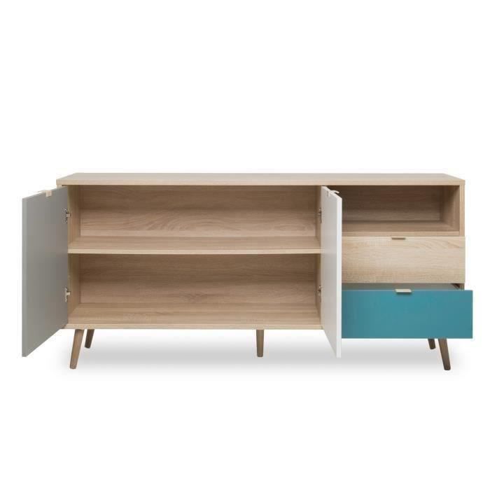 Buffet bas - Chene, gris et bleu pÈtrole - Scandinave - CUBA - L 150 x P 40 x H 71 cm