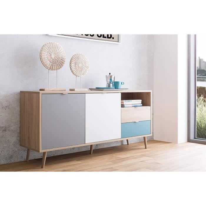 Buffet bas - Chene, gris et bleu pÈtrole - Scandinave - CUBA - L 150 x P 40 x H 71 cm