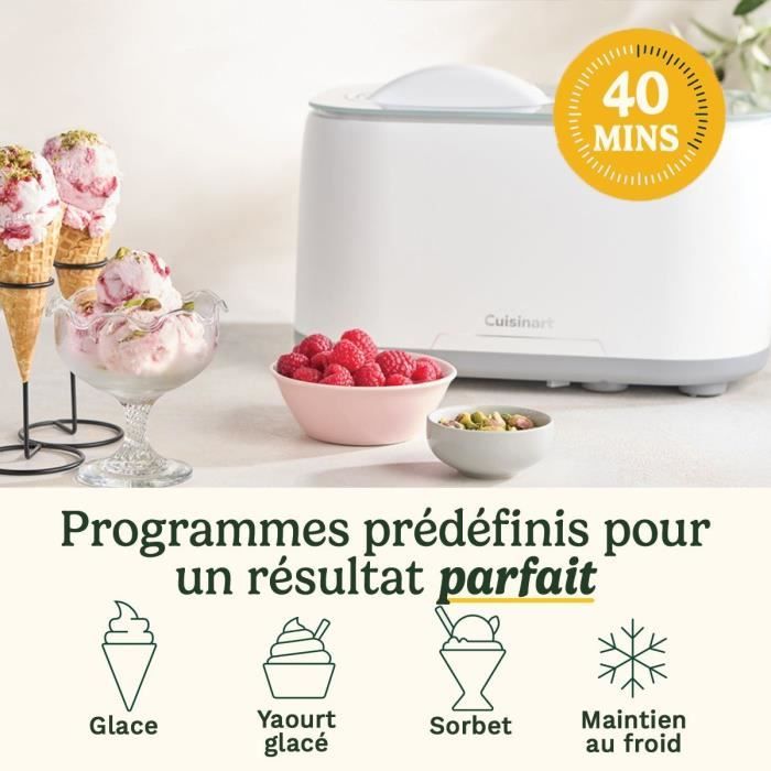 Sorbetiere CUISINART - ICE90E - Capacité 950ml - Préparation rapide en 40min - 100W