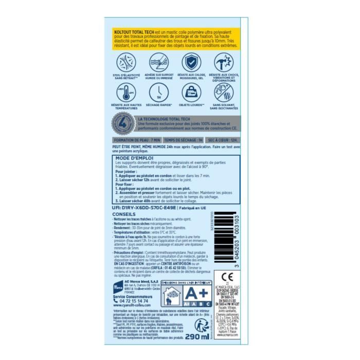 Colle de fixation et d'étanchéité - CYANOLIT - Total tech - Gris - Cartouche 290 ml - Multi-matériaux - Résistant et flexible