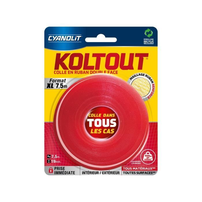 Ruban adhésif double face - CYANOLIT - Koltout ruban XL - 7,5 m x 19 mm - Haute adhérence - Discret et résistant