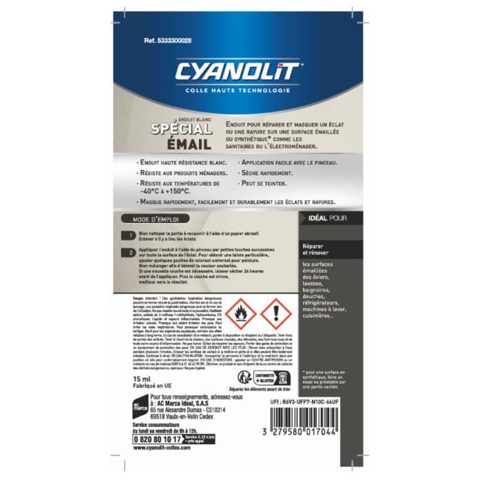 Enduit spécial email - CYANOLIT - 15 ml - Réparation et finition de surfaces émaillées