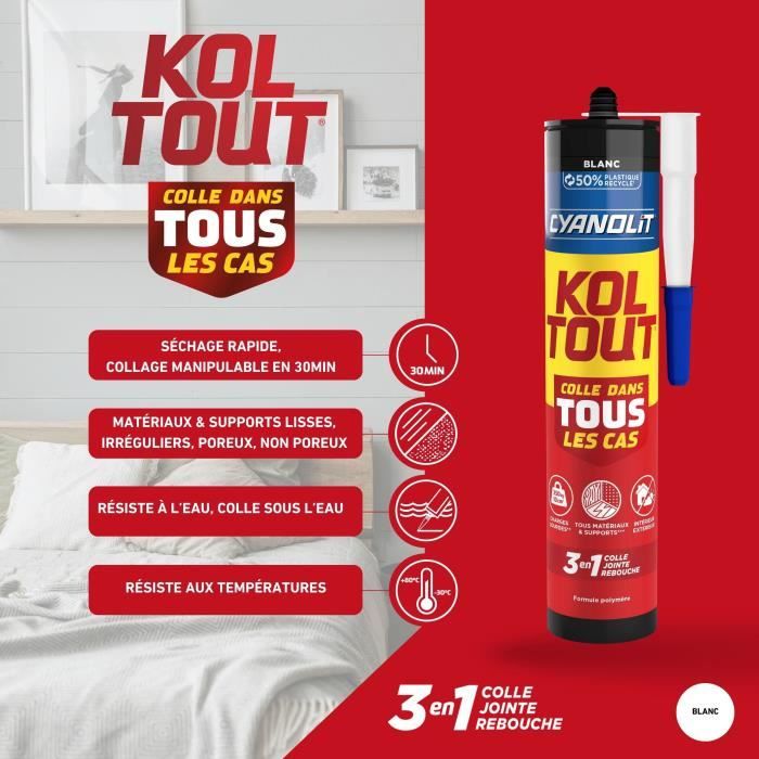 Colle de fixation et d'étanchéité - CYANOLIT - Blanc - Cartouche 290 ml - Polyvalente - Résistant et flexible