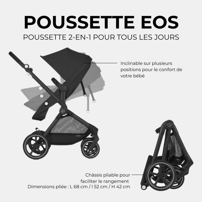 CYBEX Pack Poussette Trio EOS BLACK Moon Black : Poussette convertible 2en1 + Siege auto Aton B2 i-size + Hamac convertible Nacelle