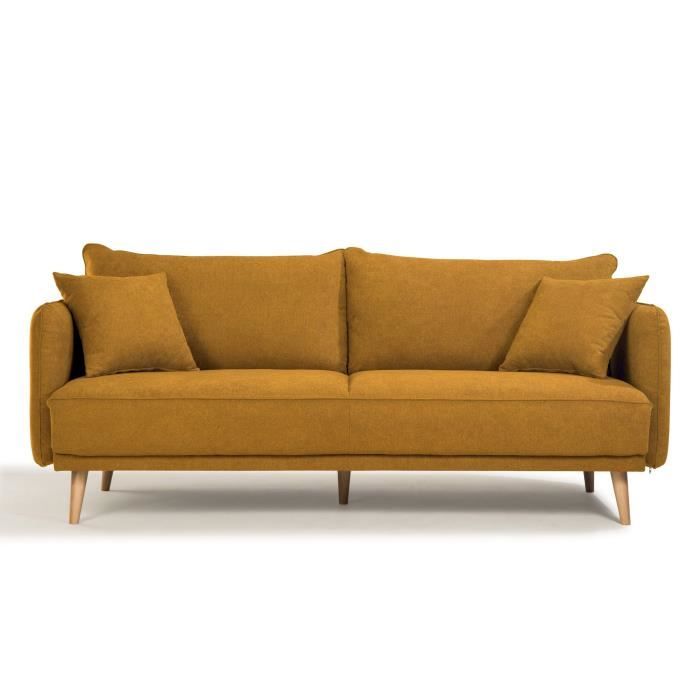 CanapÈ fixe 3 places DAREN - Tissu moutarde - L 207 x P 90 x H 88 cm - FabriquÈ en France - HEXAGONE