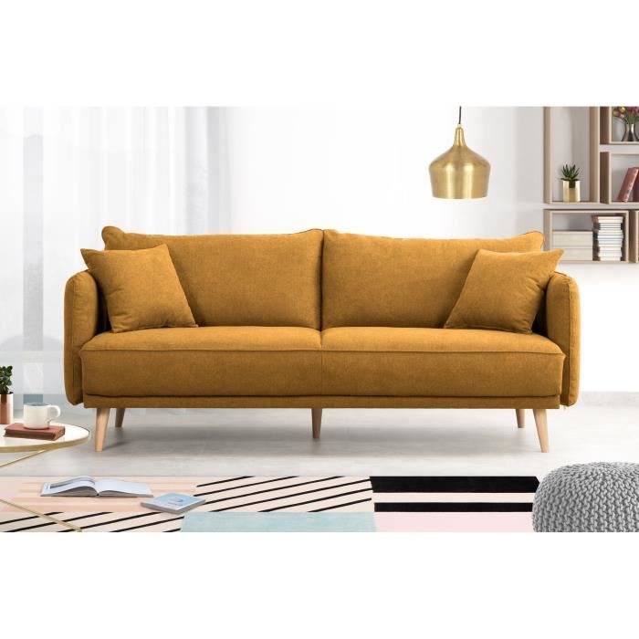 CanapÈ fixe 3 places DAREN - Tissu moutarde - L 207 x P 90 x H 88 cm - FabriquÈ en France - HEXAGONE